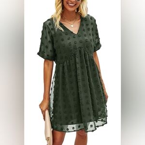 Green V-Neck Cuffed Sleeve Mini Sundress